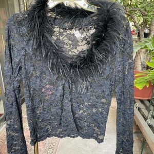 Black lace see through blouse with feathered neck line